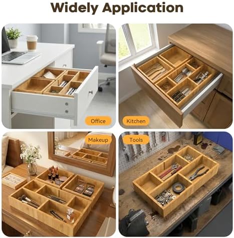 KOCWELL Bamboo Desk Drawer Organizer with Removable Dividers,Multi-Use Office Drawer Organizer Tray,Junk Drawer Organizers for Office,School,Kitchen,Makeup Supply（Original） - Image 6