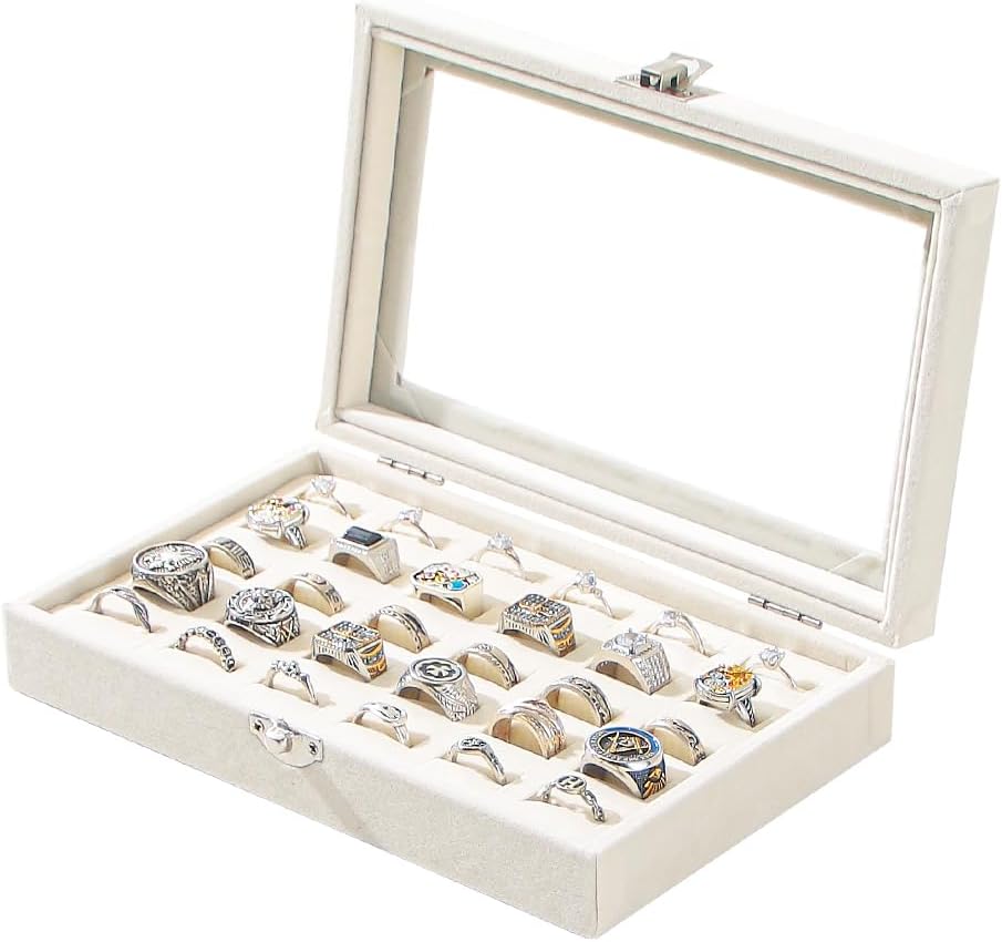 Ring Display Case,Jewelry Ring Organizer Box For Rings,Ring And Earring Holder Box For Girl,Velvet Ring Display Tray (Beige, 30 slots), QF010