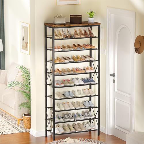 10-Tier Shoe Rack Holds 40 Pairs, Space Saving Shoe Organizer for Entryway Closet Apartment, Industrial Metal Shoe Shelf with Wooden Top, Rustic Brown - Image 2