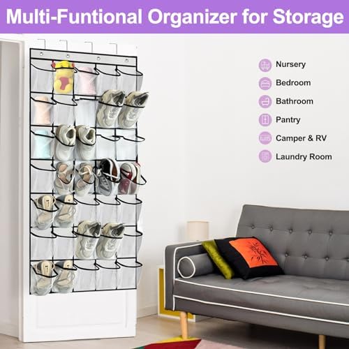 homyfort 35 Large Pocket Over the Door Shoe Organizer, Extra Sturdy Oxford Fabric Hanging Shoe Rack for Door Closet, Wall Mesh Shoe Storage Holder for Mens Women Shoes (White) - Image 2
