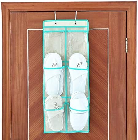 Over The Door Hanging Shoe Organizer Narrow Closet Door Shoe Storage 6 Large Clear Pockets Chart 2 Pack (BEIGE) - Image 5