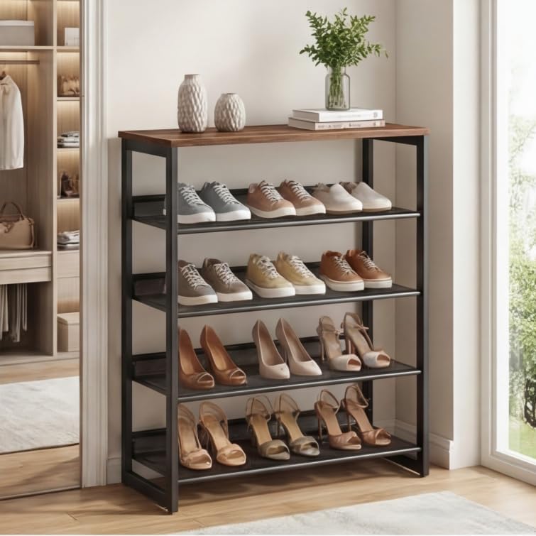 Garden 4 you Shoe Rack for Entryway 5 Tiers 11.8" D x 29" W x 36.5" H, Metal Shoe Rocks with Brown Wooden Tabletop, Angled Shoes Rack with Adjustable Mesh Shelves for Entryway Hallway Closet - Image 3