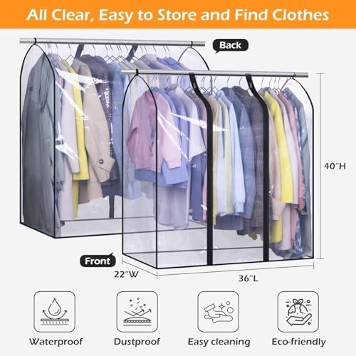 MISSLO 40" Hanging Garment Bags for Closet Storage Clear Garment Rack Cover Bottom Enclosed Cloth Cover Hanging Clothes Storage Bag Waterproof Clothes Protector for Suits, Coats, Sweaters, Shirts - Image 2