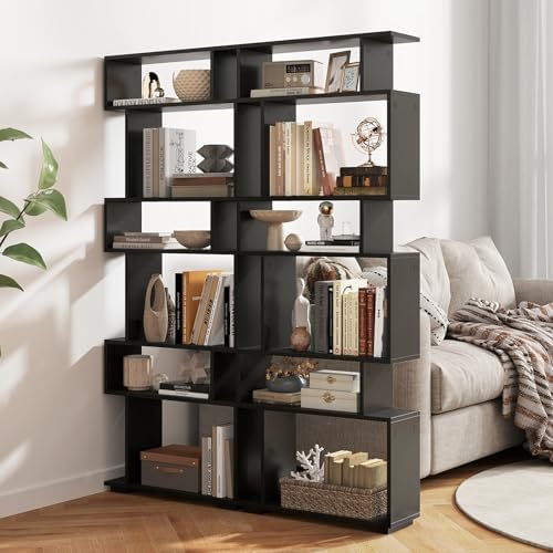 6 Tier S Shaped Bookshelf, Wood Geometric Bookcase, Modern Room Divider and Display Shelf, 64" Tall Staggered Bookshelf for Bedroom Living Room Office Study (2, Black) by SILKYDRY