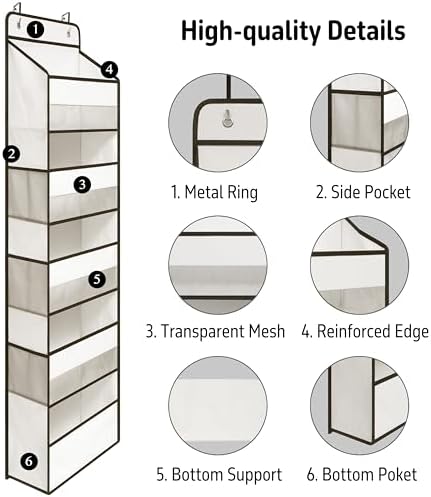 TYMENSH White Over Door Organizer with 5 Large Clear Pockets and 6 Side Mesh Pockets, Anti-Tilt Hanging Door Storage for Nursery, Bathroom, Closet, Bedroom, Dorm, Toys - Image 4