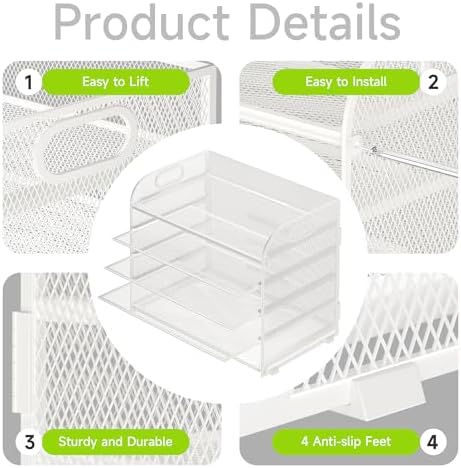 Cawukege 2 Pack 5 Tier Paper Organizer, Letter Tray with Handle, Mesh Desk Organizer, Metal File Organizer, Office Desk Accessories for Home, Office, Classroom, School (White, 2) - Image 4