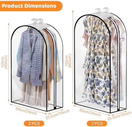 Dntorx 4 Pack Clear Garment Bags, 40/60 Inch, 10" Gusset, Side Zipper - Image 2
