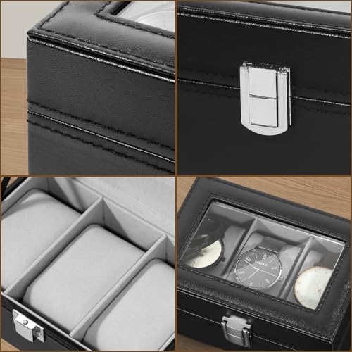 Uten 3-Slot Watch Box, PU Leather Watch Case with Glass Lid - Image 6