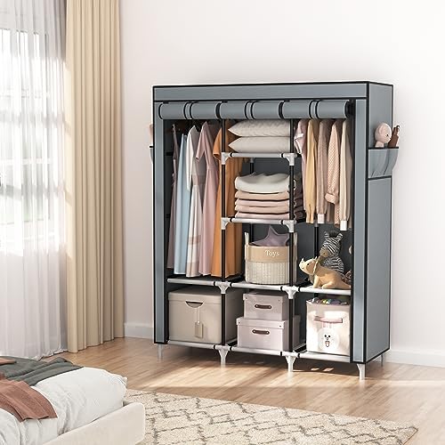 VTRIN Portable Closet Wardrobe for Hanging Clothes with 2 Hanging Rods and 8 Storage Organizer Shelves,Sturdy Large Wardrobe Closet for Bedroom Free Standing Clothes Rack with Cover,Grey - Image 2