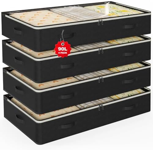 90L Under Bed Storage Containers,4-Pack Closet Organizer Storage Bins,Black by BOOMIBOO