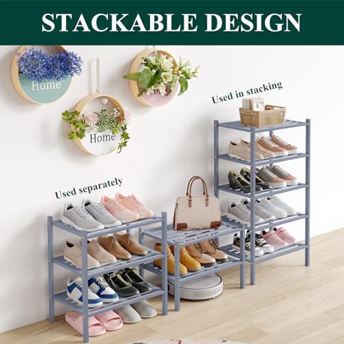Smiry Bamboo Shoe Rack, 5 Horizontal Slats, 3 Tier - 17.3" Wide, Grey - Image 3