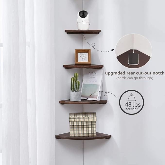 Corner Shelves, Floating Corner Shelf, Set of 2 12inch Solid Oak Wood Corner Wall Shelves, Round End with Wire Hole for Small Plant for Bedroom Kitchen, Living Room
