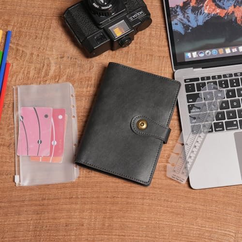 Wonderpool A6 Binder Journal Leather Spiral Notebook Refillable College Ruled Paper, Budget Binder Rings Diary Organizer with Pen for Office School Travel Business Planning Writing (Black,A6) - Image 2