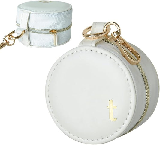 COLLECTIVE HOME - Monogrammed Letter Jewelry Case, Portable Travel Ring Holder Box with Keychain, Personalized Initial Organizer for Earrings Necklaces, Gift for Her (White-t)