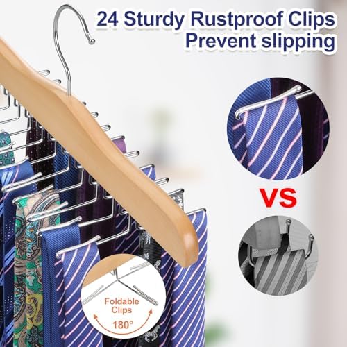 TOPIA HANGER Tie Rack Hanger for Closet, Wooden Tie Organizer for Men with 24 Folding Hooks, Space Saving Necktie Holder for Storage and Display Bra, Tank Top, Camisole (1-Pack), Natural- CT14N - Image 2
