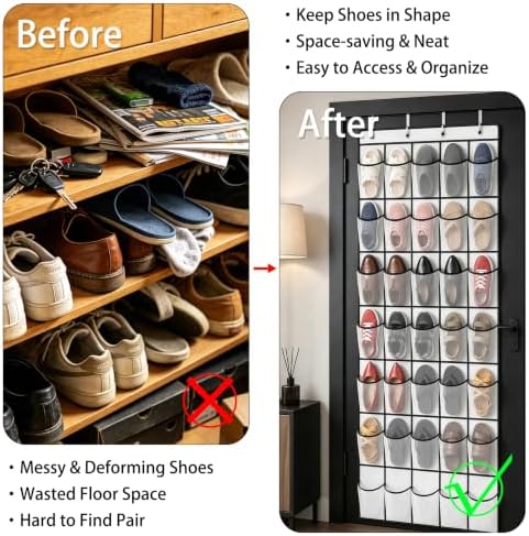 35 Pockets Over The Door Shoe Organizer, Large Breathable Mesh Hanging Shoe Rack with 4 Metal Hooks, Space Saving White Over Door Shoe Storage Holder Mesh Bag for Closet Entryway Bedroom Pantry - Image 6