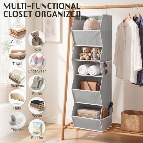 5-Shelf Hanging Closet Organizer, Trapezoid Closet Organizers and Storage with Side Pockets Space-Saving Hanging Clothes Shelves Fabric Storage Bins for Wardrobe Organization, Grey - Image 7