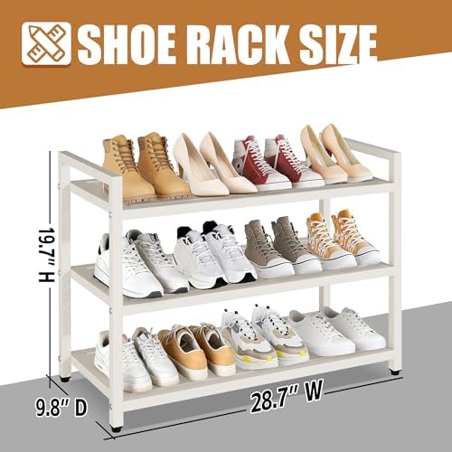3-Tier Heavy Duty Metal Shoe Rack, 200 LBS Load Capacity, Sturdy Free Standing Shoe Storage Organizer, Holds 9-12 Pairs, 28.7" W x 9.8" D x 19.7" H White for Entryway, Closet, Bedroom & Dorm - Image 2
