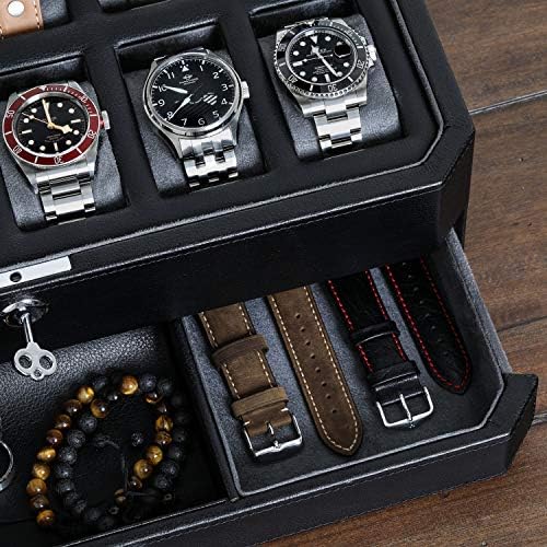 ROTHWELL 12 Slot Leather Watch Box with Valet Drawer - Luxury Watch and Jewelry Case Display Organizer, Microsuede liner, Mens Locking Storage Holder Large Glass Top (Black/Grey) - Image 5
