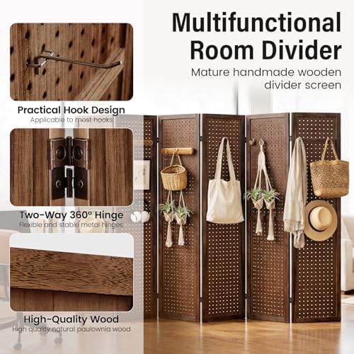 6 Panel Pegboard Room Divider, Folding Privacy Screen, Brown - Image 4