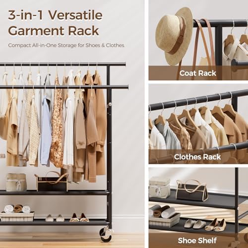 HYSEYY Clothes Rack,Double Rods Rolling Clothing Rack for Hanging Clothes,Portable Garment Rack with 2-Tier Storage Shelves,Free Standing Wardrobe Closet Coat Rack on wheels for Bedroom,Laundry Room - Image 3