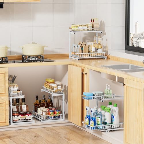 Delamu Under Sink Organizer 2 Pack, Pull Out Cabinet Organizer for Kitchen Sink, 2 Tier Metal Slide Out Shelf Caddy for Bathroom Storage, 5 Adjustable Heights for Pantry & Laundry Room, Cream - Image 3