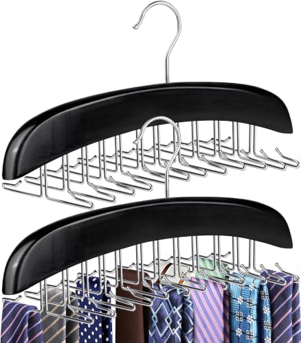 2 Pack Tie Rack Hanger, 24 Hooks Each, Space Saving Wooden Tie Organizer for Men, Holds Up to 24 Ties Belts Scarves, 360° Rotating Anti-Slip Rustproof Foldable Steel Hooks, No Wrinkles by SOGCASE