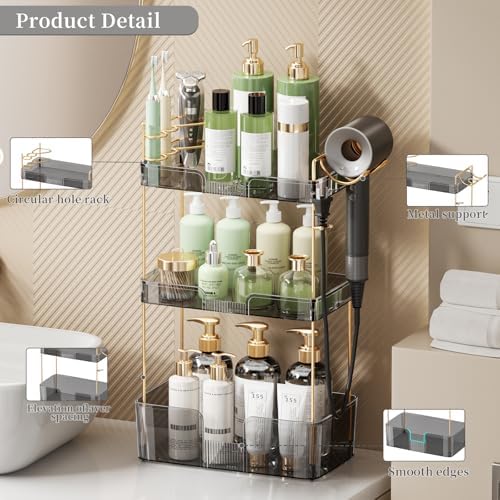 Akinbas 3 Tier Bathroom Organizer Countertop Makeup Perfume Tray Skincare Organizer Comes with Hair Dryer Rack and Toothbrush Holder for Bathroom Dresser Vanity (Grey) - Image 2
