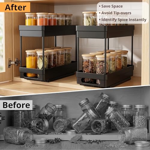 3 Pack Pull Out Spice Rack Organizer for Cabinet, Slide Out Spice Racks Organizer, Spice Cabinet Organizers, Cabinet Size Need:12'' Highx11'' Deepx5'' Wide,Each Tier Hold 10 Spice Jar- 2 Tier,3 Colors - Image 6