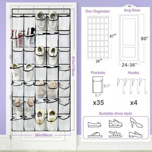 homyfort 35 Large Pocket Over the Door Shoe Organizer, Extra Sturdy Oxford Fabric Hanging Shoe Rack for Door Closet, Wall Mesh Shoe Storage Holder for Mens Women Shoes (White) - Image 4
