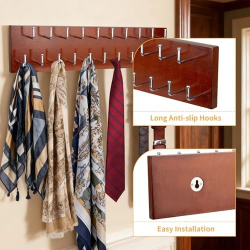 Belt Organizer Holder Wooden Belt Hanger for Closet Wall Mount Belt Storage Rack Tie Bra Scarf Hanger Holds Over 40 Large Belts (Brown) - Image 2