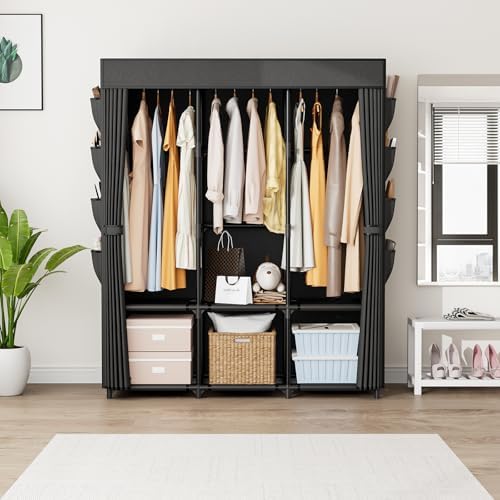 Wardrobe Closet Portable Closets for Hanging Clothes Large Capacity Clothes Rack with Cover, 3 Hanging Rods, 6 Shelves and 8 Pockets, Strong and Stable Free Standing Closet for Bedroom, Black - Image 2