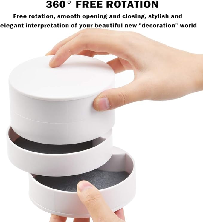TIMESETL Jewelry Organizer, Small Jewelry Storage Box Earring Holder for Women, 4-Layer Rotating Travel Jewelry Tray Case with Lid for Bracelets Rings Bracelets - White
