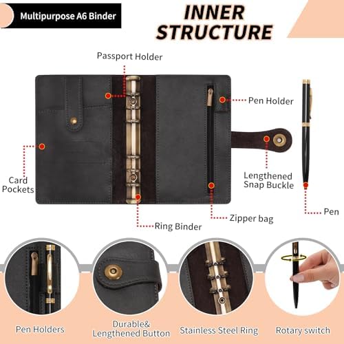 Wonderpool A6 Binder Journal Leather Spiral Notebook Refillable College Ruled Paper, Budget Binder Rings Diary Organizer with Pen for Office School Travel Business Planning Writing (Black,A6) - Image 5
