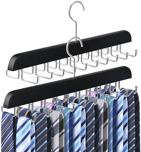 2PC Tie Rack Organizer, Tie Hanger for Closet with 20 Foldable Hooks, Black by Fitnice