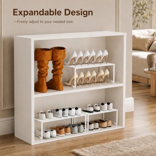 Extendable Metal Wire Shelf Organizer - Adjustable 15-24.4in Length, Stackable Storage Rack for Kitchen/Pantry/Bathroom/Shoe Cabinet/Tool Closet (2, White) - Image 5