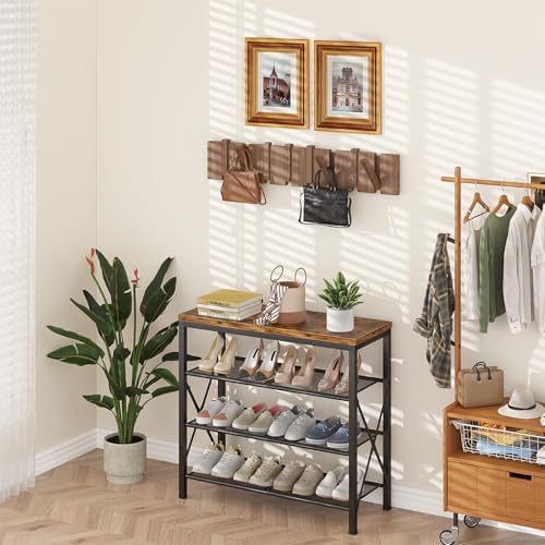 4 Tier Shoe Rack, Metal Shoe Organizer with Wooden Top, Shoe Shelf for Entryway Closet Door Entrance, Rustic Brown - Image 2
