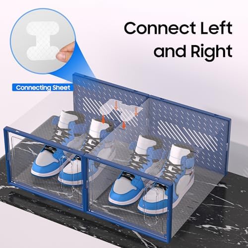 eWonLife Large Shoe Organizer Storage Box with Magnetic Door,12 Pack Clear Plastic Stackable Sneaker Containers for Closet, Connect Left and Right Shoe Box for Entryway, Drop Front, Under Bed (Blue) - Image 6