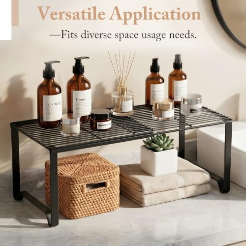 Extendable Metal Wire Shelf Organizer - Adjustable 15-24.4in Length, Stackable Storage Rack for Kitchen/Pantry/Bathroom/Shoe Cabinet/Tool Closet (2,Black) - Image 3