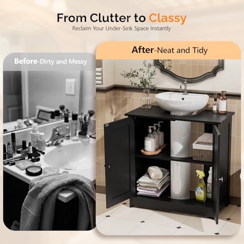 Bonnlo Pedestal Sink Storage Cabinet, 24" Black Under Sink Bathroom Storage Cabinet with 2 Doors and Adjustable Shelf, Traditional Bathroom Space Saver Organizer for Small Spaces, Water-Resistant - Image 5