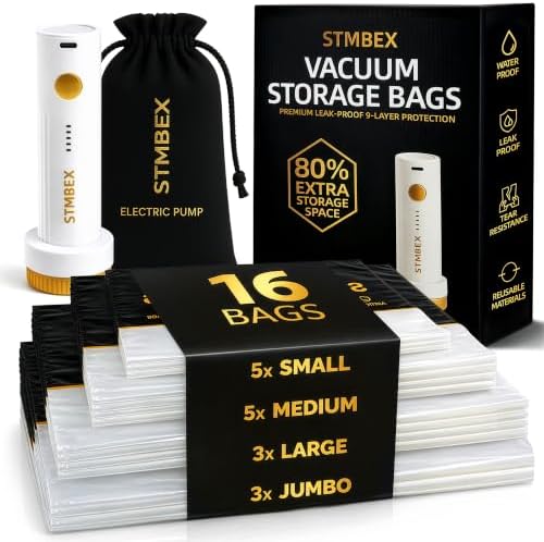 16 Pack Vacuum Storage Bags with Electric Pump for Clothing, Home & Travel by Unknown