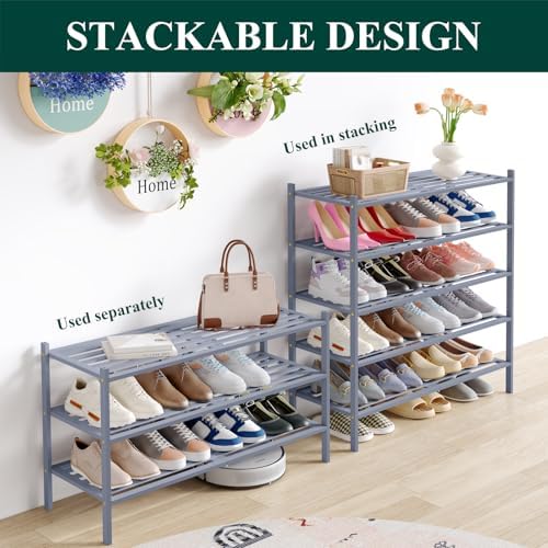 Smiry Bamboo Shoe Rack, 5 Horizontal Slats, 3 Tier - 33.9" Wide, Grey - Image 4