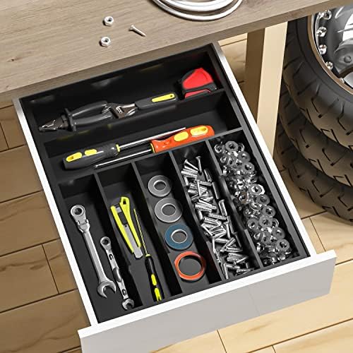 Utensil Organizer Silverware Drawer Organizer - 7 Slots Bamboo Silverware Tray For Kitchen Cutlery Office Supplies Makeup Desk Storage Garage Tool Organization W13”x L17” (Black) - Image 5