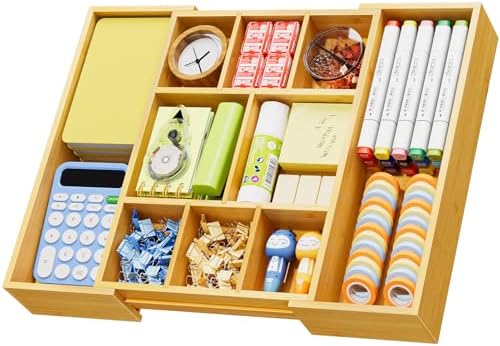 Marbrasse Bamboo Expandable Drawer Organizer, Desk Drawer Organizer Tray with 5 Dividers, Desk Organizers and Accessories, 10 Adjustable Compartments for Office Supplies, Junk, Makeup & Vanity by Marbrasse