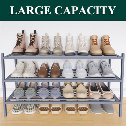 Smiry Bamboo Shoe Rack, 5 Horizontal Slats, 3 Tier - 33.9" Wide, Grey - Image 6
