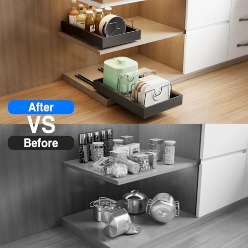 Mustorn 2 Pack Pull Out Cabinet Organizer with 8 Dividers,21.8" Deep Slide Out Drawers for Cabinets Adhesive Pull Out Drawers Heavy Duty Pull Out Shelves for Kitchen, Cupboard, Pantry, Bathroom-Black - Image 5