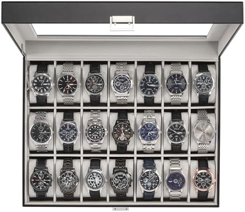 ProCase Watch Case for Men, 21 Slot Mens Watch Box Holder Organizer with Glass Lid, Watch Display Case, Fathers Day Gift for Dad Husband, Birthday Valentine Gifts for Men Women -21 Slot, Black by ProCase