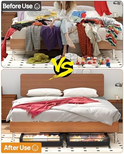 Under Bed Storage With Wheels, 2 Pack Square Containers, 60L Bins, Rolling Metal Drawer for Clothes, Blankets, Shoes - Image 3