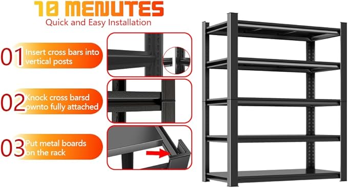 Garage Shelves,45''W Heavy-Duty Storage Shelves, Double-Layer Uprights, Thickened Shelves, Waterproof &Rustproof, Suitable for Indoor & Outdoor Use. (BLACK, 5TIER 45''W*16''D*72''H, 5-TIER)