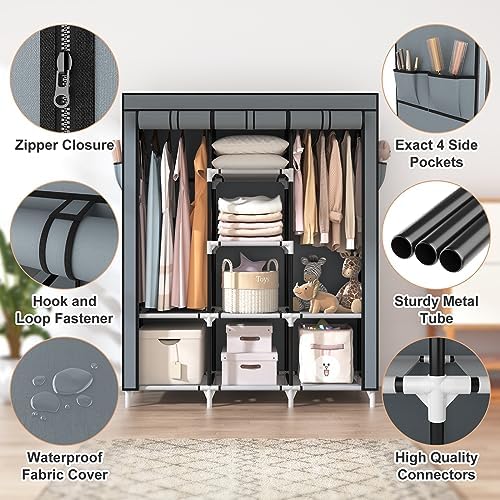 VTRIN Portable Closet Wardrobe for Hanging Clothes with 2 Hanging Rods and 8 Storage Organizer Shelves,Sturdy Large Wardrobe Closet for Bedroom Free Standing Clothes Rack with Cover,Grey - Image 4